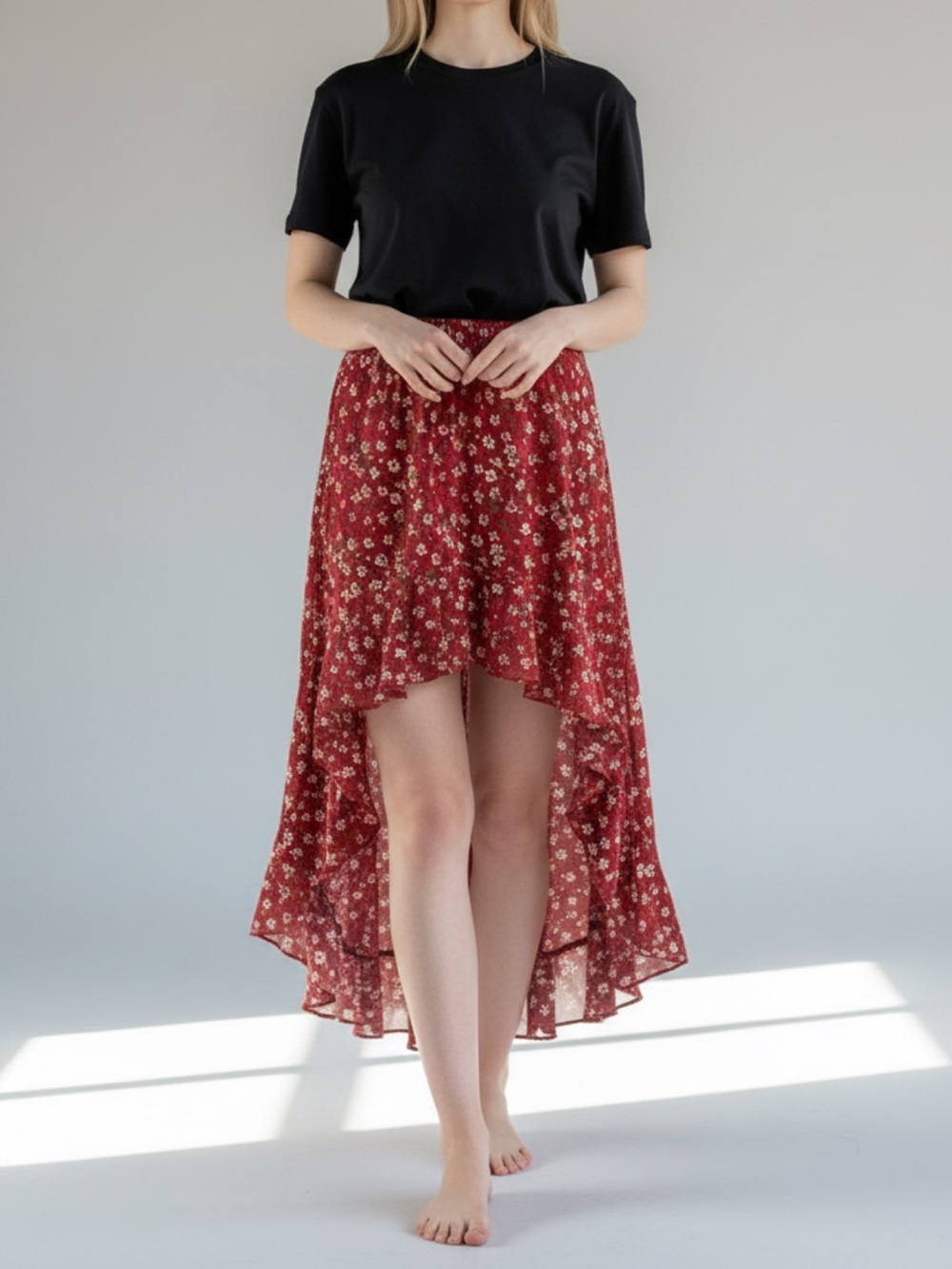 Floral High-Low Red Maxi Skirt